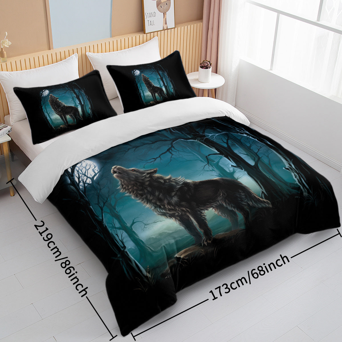 HKM-279059 Watercolor Forest Wolf Duvet Cover Set - Soft Microfiber Bedding in Twin, Full, Queen, King Sizes