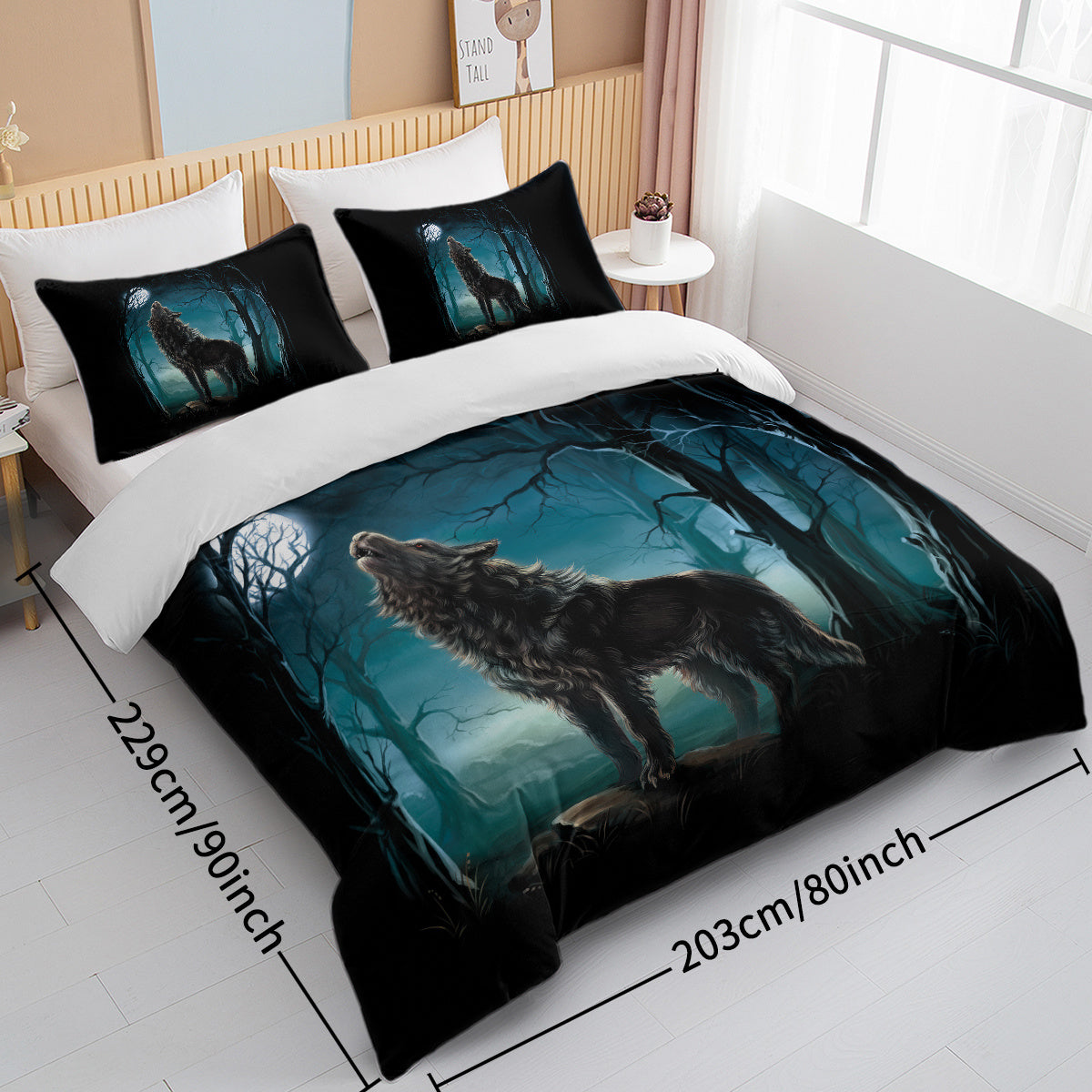 HKM-279059 Watercolor Forest Wolf Duvet Cover Set - Soft Microfiber Bedding in Twin, Full, Queen, King Sizes