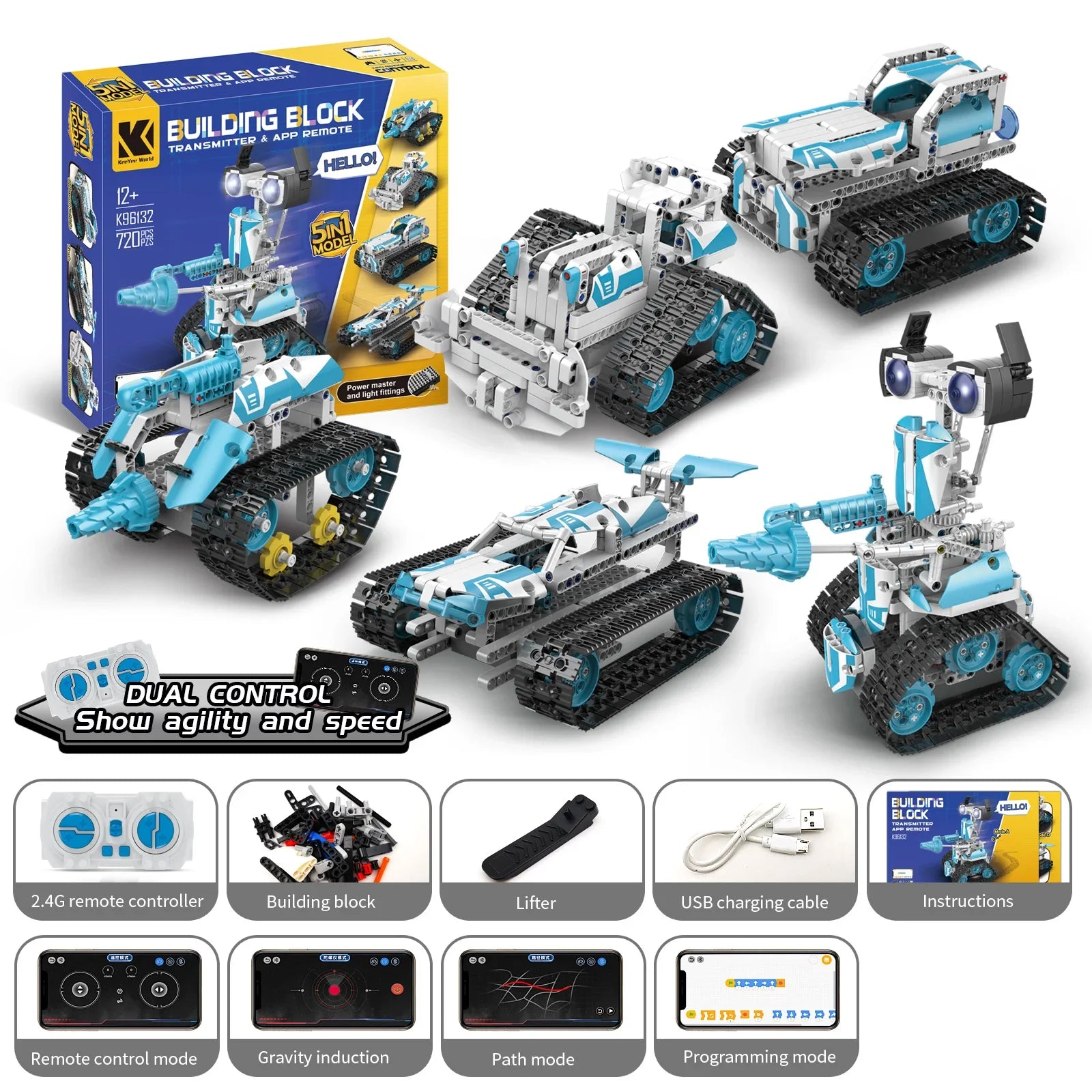 HKM-279635 App-Controlled 5-in-1 Robot Building Block Kit for Kids, Educational DIY Assembly Toy, Ages 8 and Up