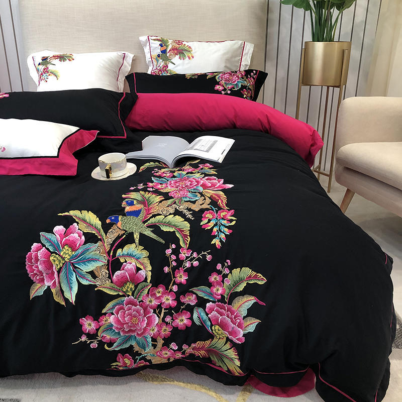 HKM-279891 Luxury 4-Piece European Villa Bedding Set - Soft Cotton Satin Quilt Covers