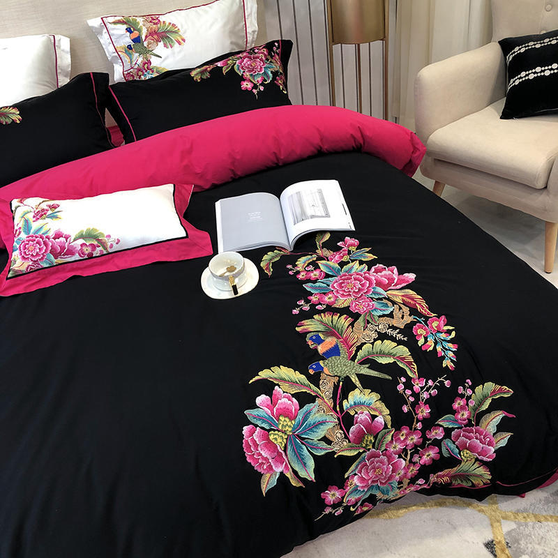 HKM-279891 Luxury 4-Piece European Villa Bedding Set - Soft Cotton Satin Quilt Covers