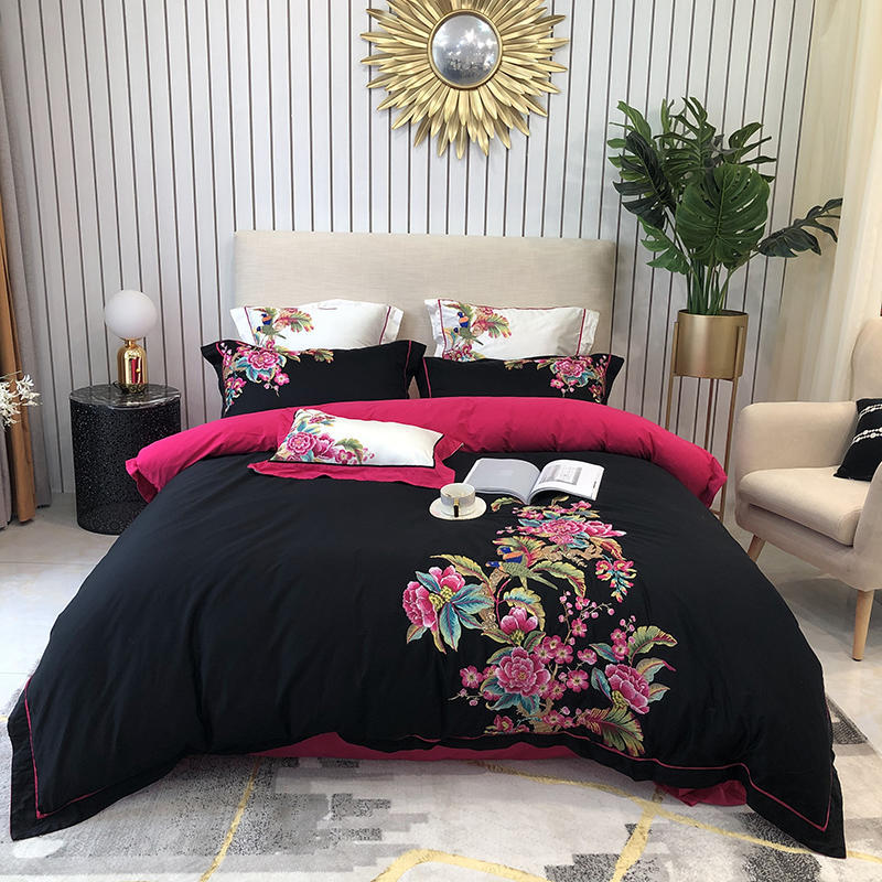 HKM-279891 Luxury 4-Piece European Villa Bedding Set - Soft Cotton Satin Quilt Covers