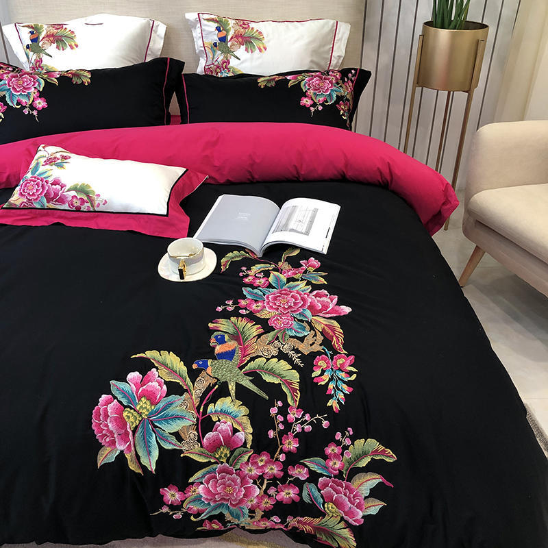 HKM-279891 Luxury 4-Piece European Villa Bedding Set - Soft Cotton Satin Quilt Covers