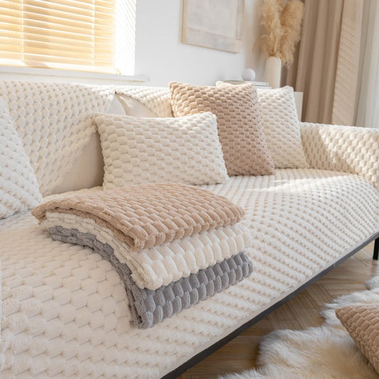 HKM-279955 Cozy Thickened Honeycomb Velvet Sofa Cushion - Dustproof Non-slip Cover in Flannel