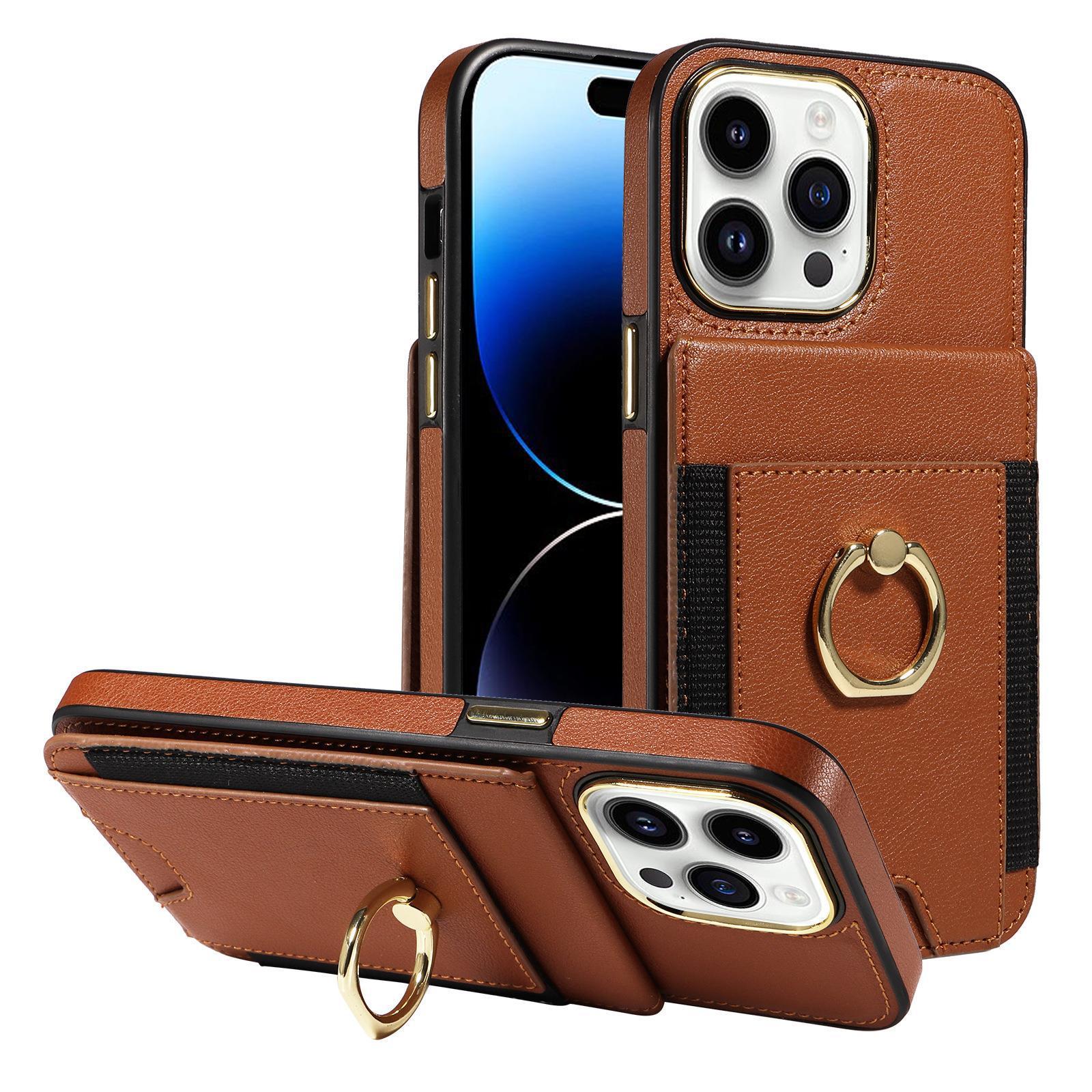 HKM-280147 Leather Phone Case with Card Holder - Compatible with iPhone - Bracket and Anti-Fall Design - Multiple Colors Available