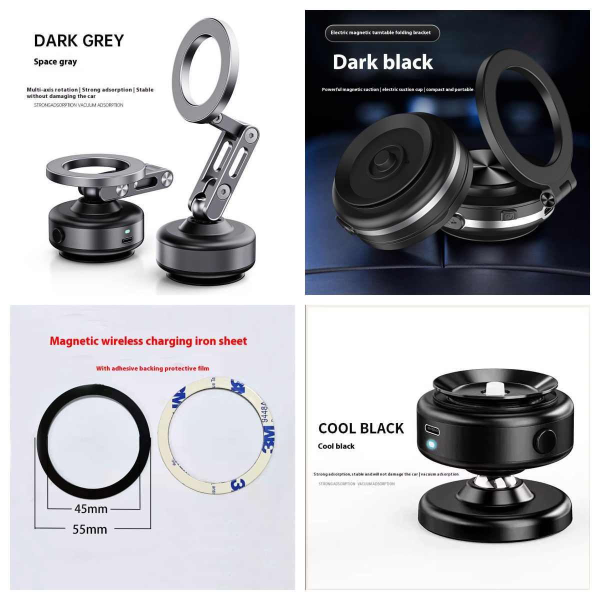 HKM-280275 Magnetic Car Phone Holder with Vacuum Adsorption - 15W Power, Silver & Black Options