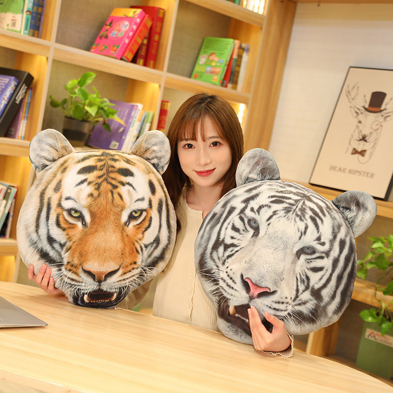 HKM-281491 Tiger Head Plush Toy Pillow - Yellow & White Short Plush, 45x40cm