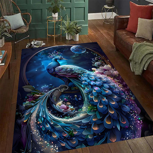 HKM-282259 Blue Peacock Non-slip Absorbent Carpet Mat for Living Room - Available in Various Sizes
