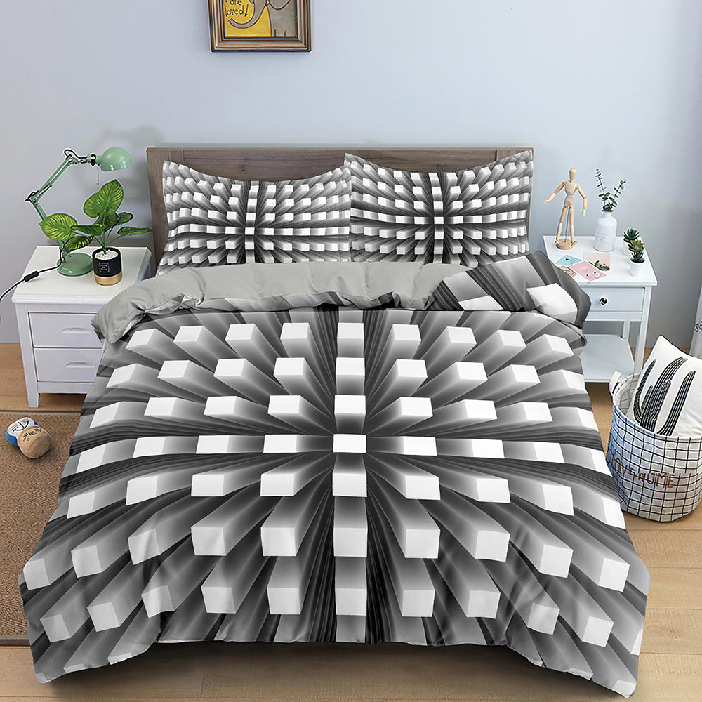 HKM-282515 3D Geometric Print Bedding Set - Quilt Cover, Bedspread & Pillowcase, EU King Size 220x240 cm