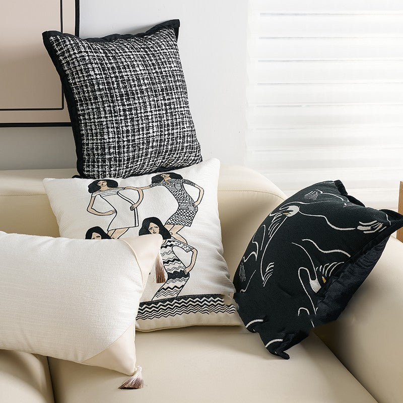 HKM-282643 Modern Chenille and Jacquard Sofa Pillow Cases in Black Swan, Kafuu Plaid, and Dai Girl Designs
