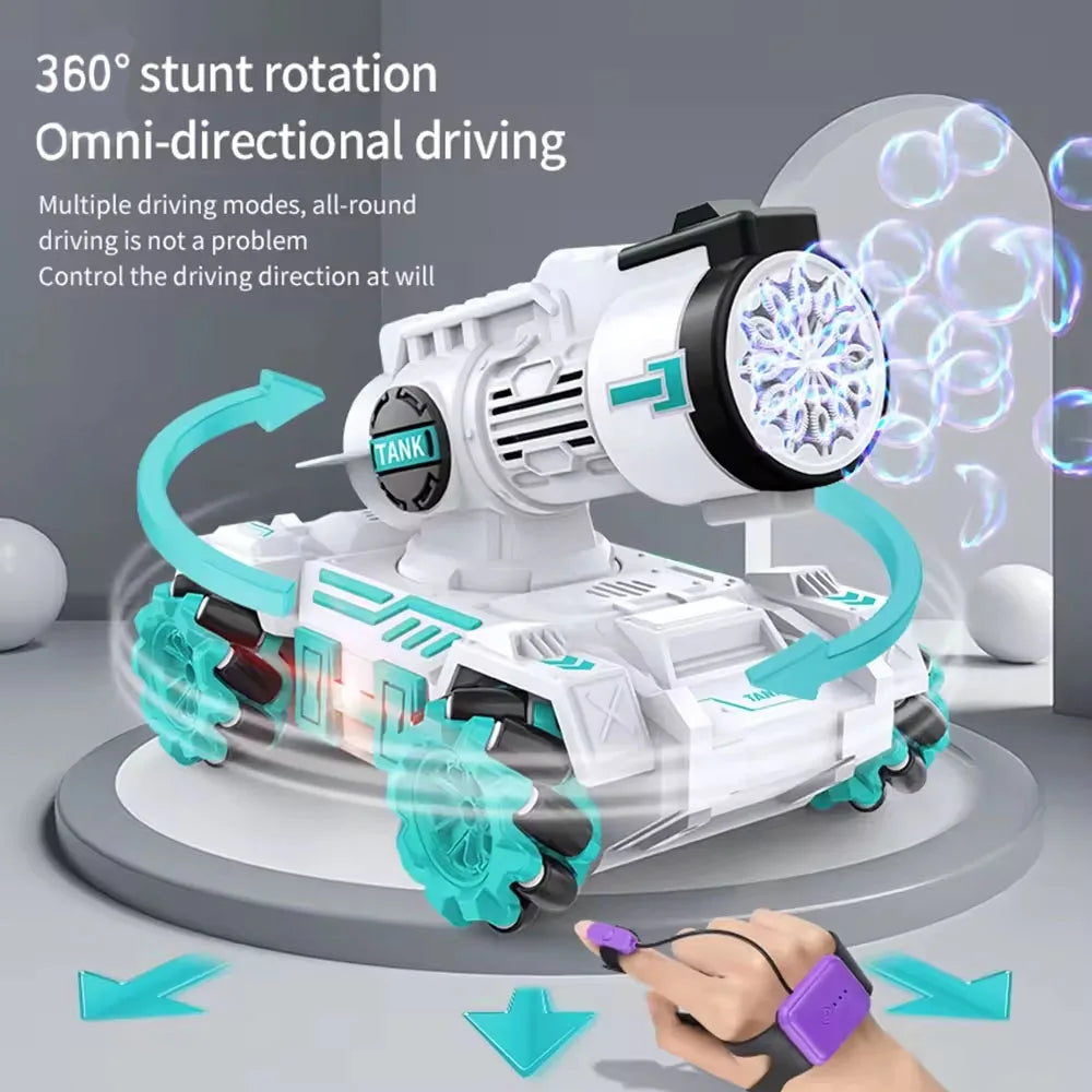 HKM-282771 Remote-controlled Bubble Spray Stunt Tank with Lighting and Music, Gravity Sensing, Dual Control, 2.4G Technology