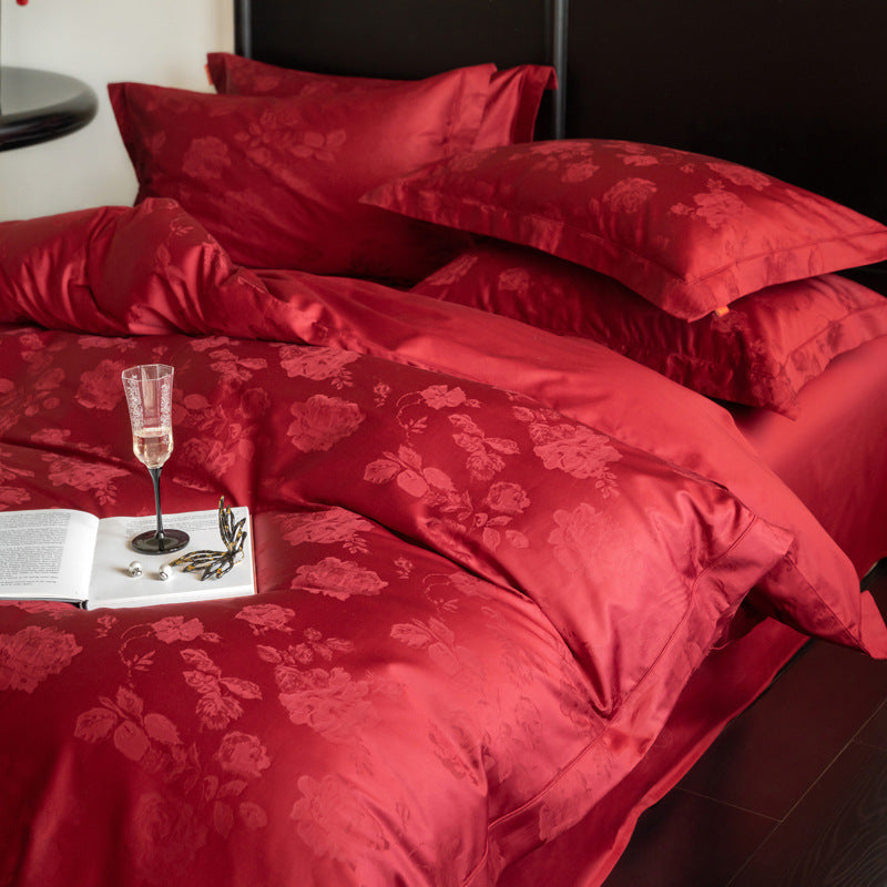 KTX-283155 Luxurious Cotton Jacquard Four-Piece Wedding Bedding Set with Floral Pattern