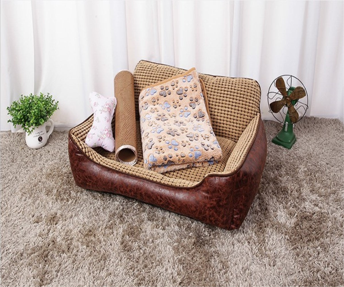 HKM-283155 Washable Corn Fleece Pet Sofa with Nest Backrest - Multiple Sizes, Includes Blanket, Mat, and Toy Bones