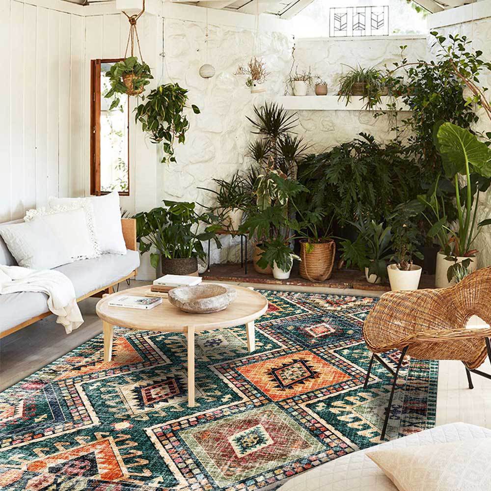HKM-283283 Modern Geometric Green Rhombus Stitching Ethnic Style Area Carpet for Living Room and Home Use
