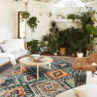 HKM-283283 Modern Geometric Green Rhombus Stitching Ethnic Style Area Carpet for Living Room and Home Use