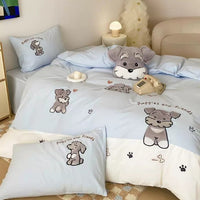 HKM-283347 Schnauzer Cartoon-Themed Cotton Bedding Set with Quilt Cover, Sheet, and Pillowcases
