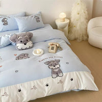 HKM-283347 Schnauzer Cartoon-Themed Cotton Bedding Set with Quilt Cover, Sheet, and Pillowcases