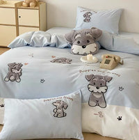 HKM-283347 Schnauzer Cartoon-Themed Cotton Bedding Set with Quilt Cover, Sheet, and Pillowcases