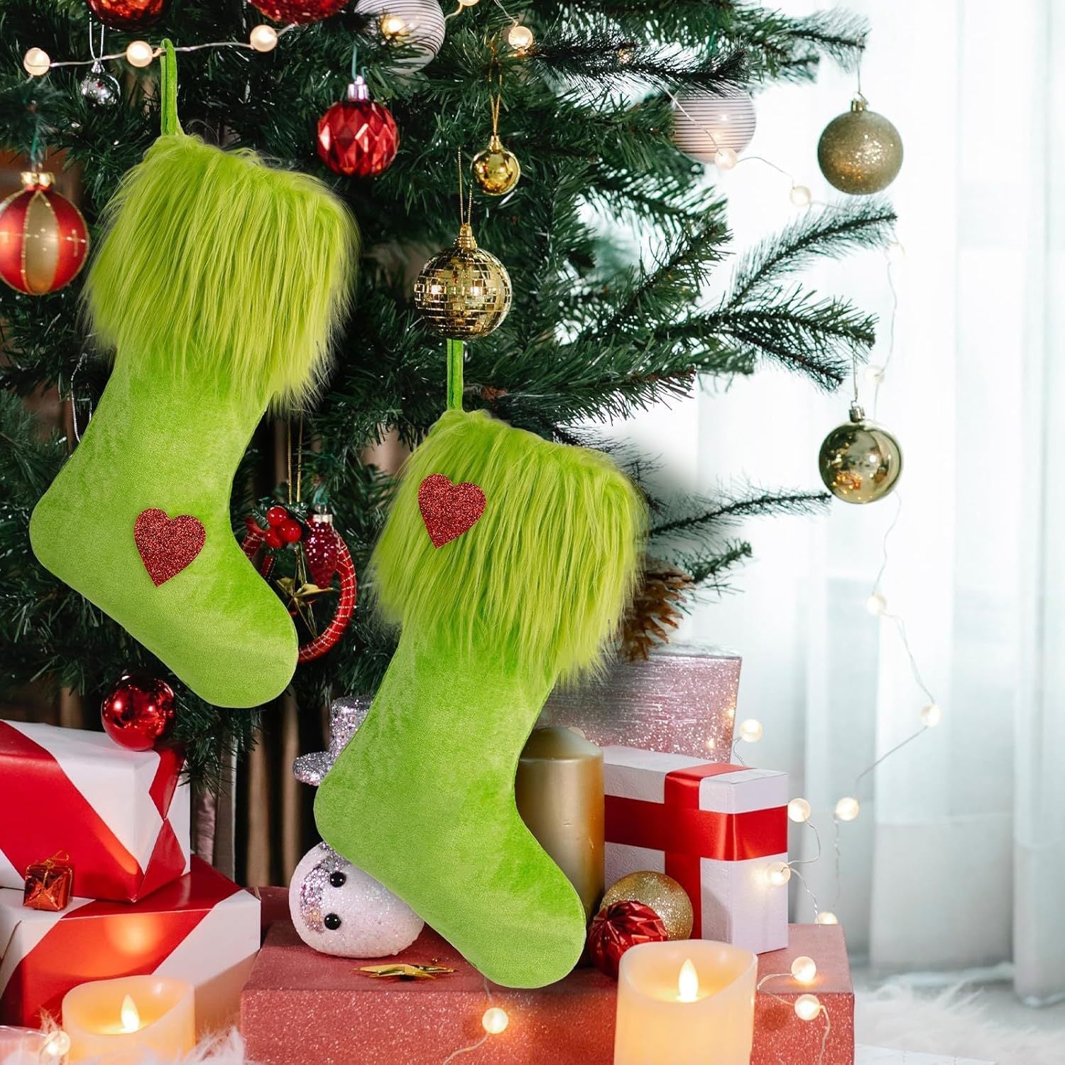 HKM-283475 Plush Green Fur Christmas Stockings Gift Bag in Multiple Styles