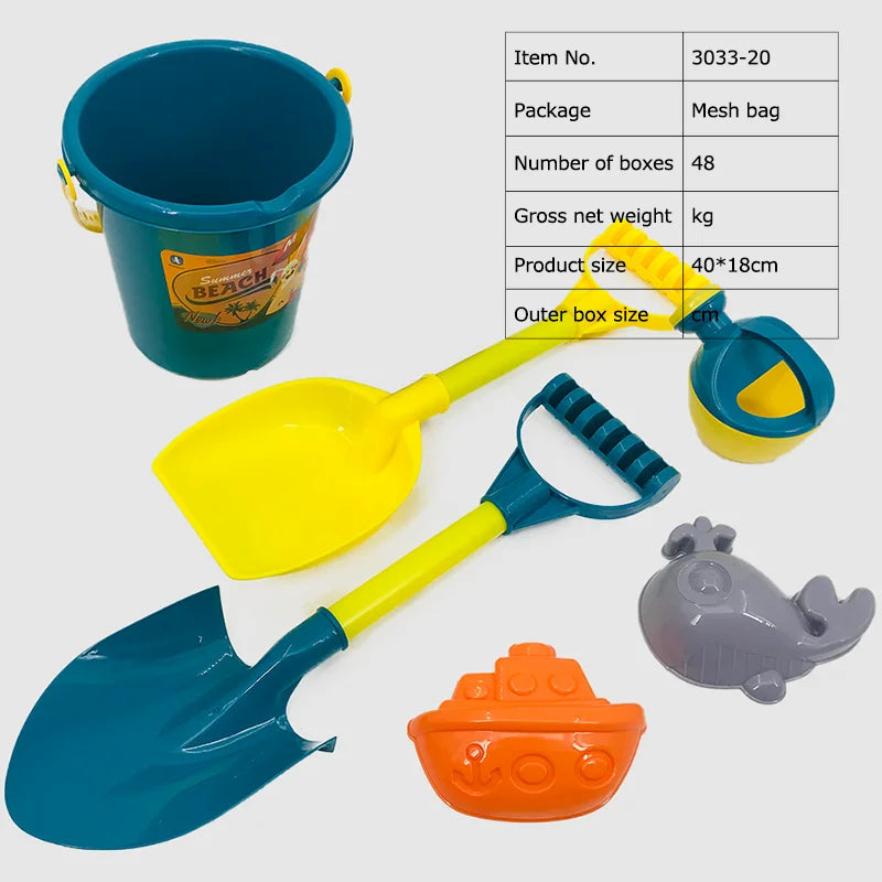 KTX-283603 Kids Beach Toy Set - 5-Piece Portable Sand Moulds with Bucket and Shovel for Outdoor Play