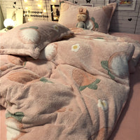 HKM-283667 Cozy Four-Piece Princess Heart and Snowflake Velvet Coral Bedding Set