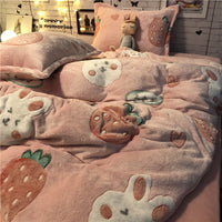 HKM-283667 Cozy Four-Piece Princess Heart and Snowflake Velvet Coral Bedding Set