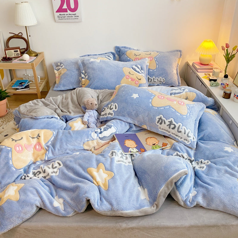 HKM-283667 Cozy Four-Piece Princess Heart and Snowflake Velvet Coral Bedding Set