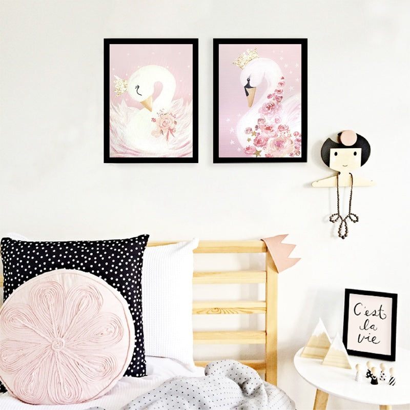 HKM-284499 Frameless Pink Swan Canvas Art for Children's Room Decoration