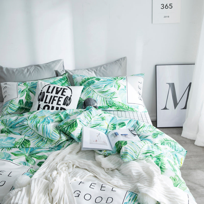 HKM-284819 Four-Piece Cotton Plant and Flower Quilt Cover Set