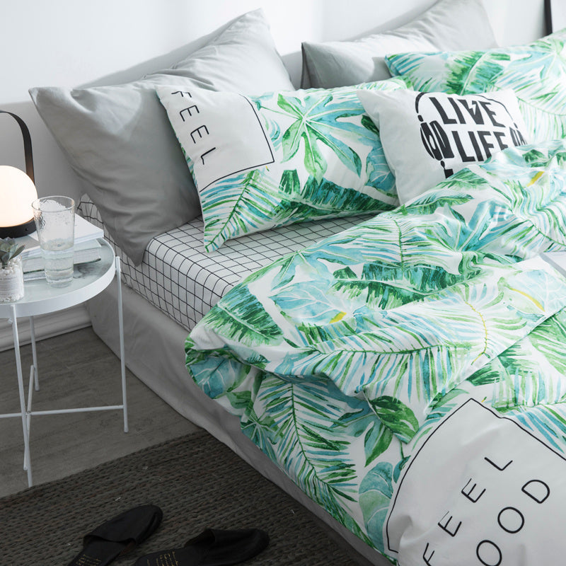 HKM-284819 Four-Piece Cotton Plant and Flower Quilt Cover Set