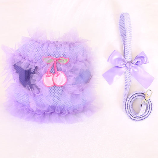 HKM-285011 Cute Lace Chest Back Dog Leash in Breathable Mesh – Pink & Purple, Multiple Sizes Available