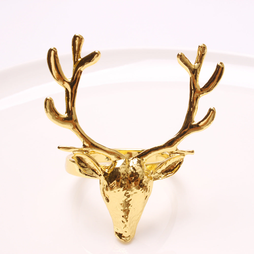HKM-285459 Deer Head Napkin Ring Set - Solid Color Alloy Napkin Holders for Elegant Table Settings
