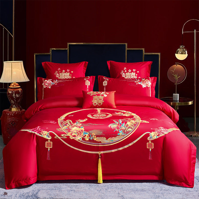 HKM-285651 Cotton Wedding Embroidery Bedding Set - Dragon and Phoenix Design, 4-Piece Collection for 1.5m, 1.8m, and 2.0m Beds