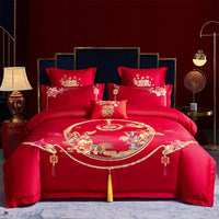 HKM-285651 Cotton Wedding Embroidery Bedding Set - Dragon and Phoenix Design, 4-Piece Collection for 1.5m, 1.8m, and 2.0m Beds
