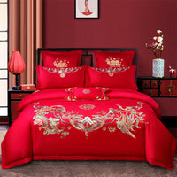 HKM-285651 Cotton Wedding Embroidery Bedding Set - Dragon and Phoenix Design, 4-Piece Collection for 1.5m, 1.8m, and 2.0m Beds