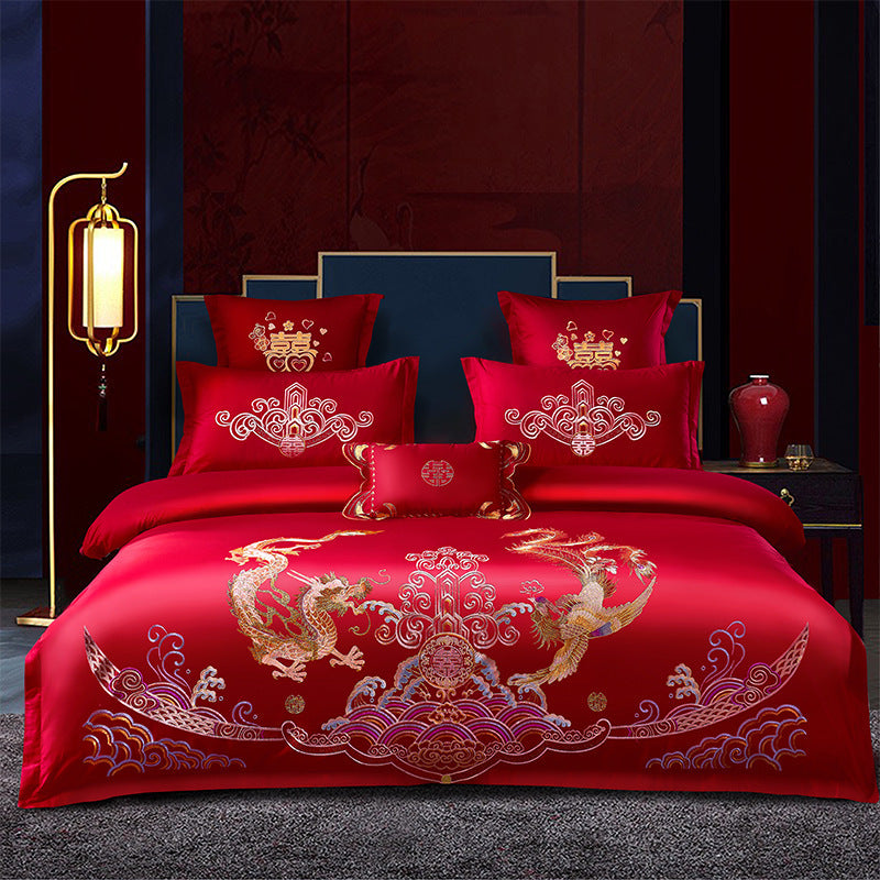 HKM-285651 Cotton Wedding Embroidery Bedding Set - Dragon and Phoenix Design, 4-Piece Collection for 1.5m, 1.8m, and 2.0m Beds