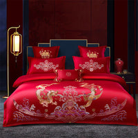 HKM-285651 Cotton Wedding Embroidery Bedding Set - Dragon and Phoenix Design, 4-Piece Collection for 1.5m, 1.8m, and 2.0m Beds