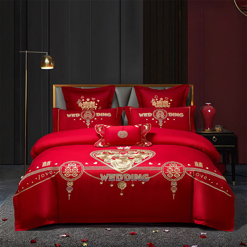 HKM-285651 Cotton Wedding Embroidery Bedding Set - Dragon and Phoenix Design, 4-Piece Collection for 1.5m, 1.8m, and 2.0m Beds