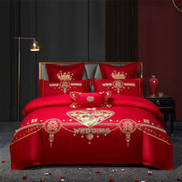HKM-285651 Cotton Wedding Embroidery Bedding Set - Dragon and Phoenix Design, 4-Piece Collection for 1.5m, 1.8m, and 2.0m Beds