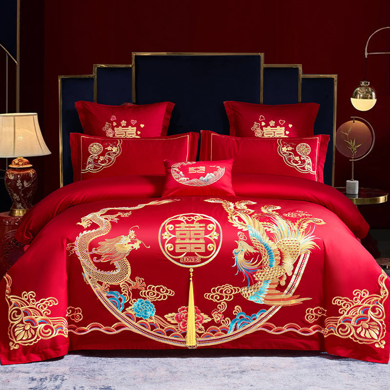 HKM-285651 Cotton Wedding Embroidery Bedding Set - Dragon and Phoenix Design, 4-Piece Collection for 1.5m, 1.8m, and 2.0m Beds