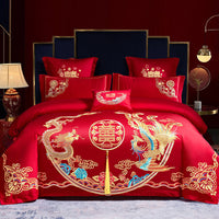 HKM-285651 Cotton Wedding Embroidery Bedding Set - Dragon and Phoenix Design, 4-Piece Collection for 1.5m, 1.8m, and 2.0m Beds