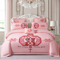 HKM-285651 Cotton Wedding Embroidery Bedding Set - Dragon and Phoenix Design, 4-Piece Collection for 1.5m, 1.8m, and 2.0m Beds