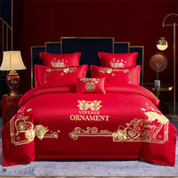 HKM-285651 Cotton Wedding Embroidery Bedding Set - Dragon and Phoenix Design, 4-Piece Collection for 1.5m, 1.8m, and 2.0m Beds