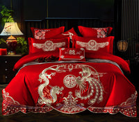 HKM-285651 Cotton Wedding Embroidery Bedding Set - Dragon and Phoenix Design, 4-Piece Collection for 1.5m, 1.8m, and 2.0m Beds