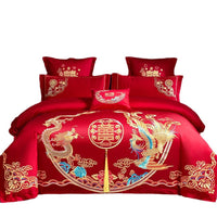 HKM-285651 Cotton Wedding Embroidery Bedding Set - Dragon and Phoenix Design, 4-Piece Collection for 1.5m, 1.8m, and 2.0m Beds
