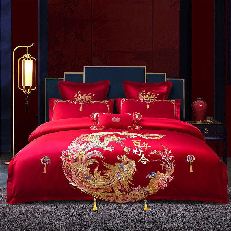 HKM-285651 Cotton Wedding Embroidery Bedding Set - Dragon and Phoenix Design, 4-Piece Collection for 1.5m, 1.8m, and 2.0m Beds