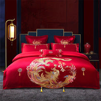 HKM-285651 Cotton Wedding Embroidery Bedding Set - Dragon and Phoenix Design, 4-Piece Collection for 1.5m, 1.8m, and 2.0m Beds