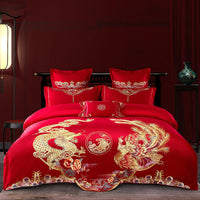 HKM-285651 Cotton Wedding Embroidery Bedding Set - Dragon and Phoenix Design, 4-Piece Collection for 1.5m, 1.8m, and 2.0m Beds