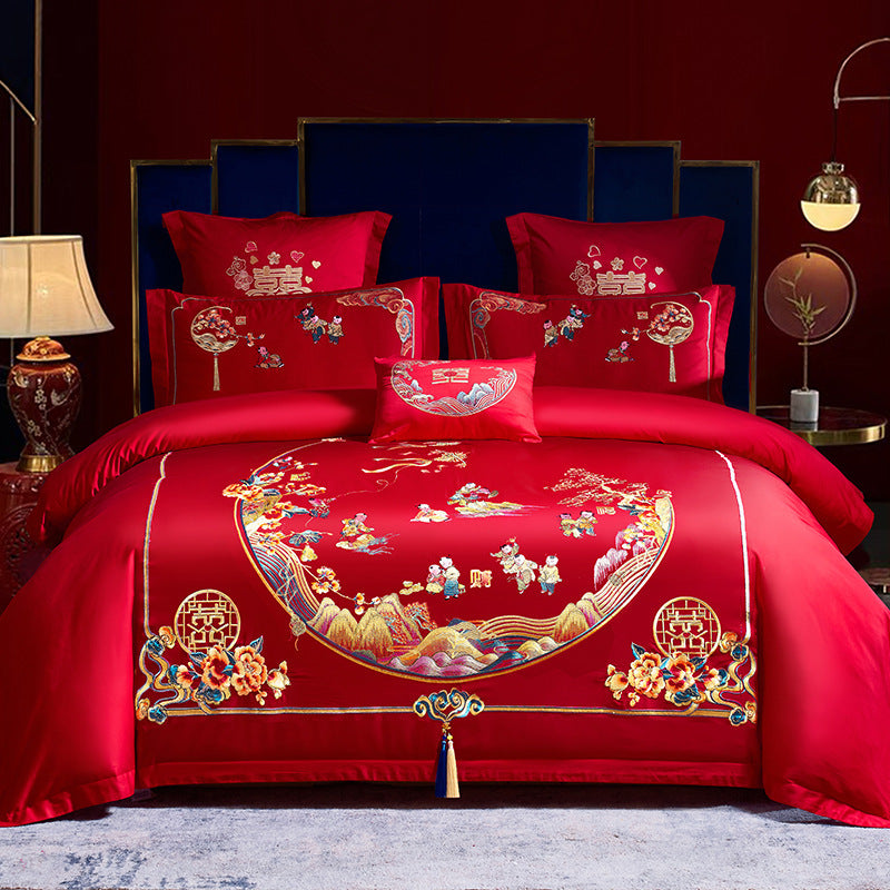 HKM-285651 Cotton Wedding Embroidery Bedding Set - Dragon and Phoenix Design, 4-Piece Collection for 1.5m, 1.8m, and 2.0m Beds