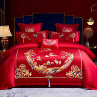 HKM-285651 Cotton Wedding Embroidery Bedding Set - Dragon and Phoenix Design, 4-Piece Collection for 1.5m, 1.8m, and 2.0m Beds